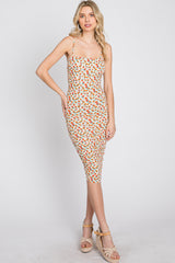 Ivory Floral Ribbed Fitted Dress