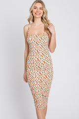 Ivory Floral Ribbed Fitted Dress