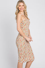 Ivory Floral Ribbed Fitted Dress