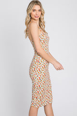 Ivory Floral Ribbed Fitted Dress