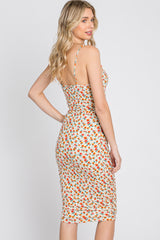 Ivory Floral Ribbed Fitted Dress