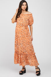 Salmon Printed Off Shoulder Ruffle Hem Maternity Maxi Dress