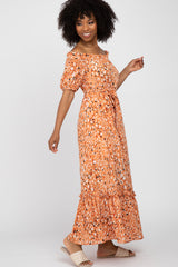 Salmon Printed Off Shoulder Ruffle Hem Maxi Dress