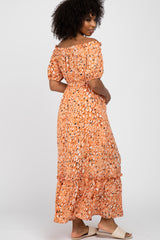 Salmon Printed Off Shoulder Ruffle Hem Maxi Dress