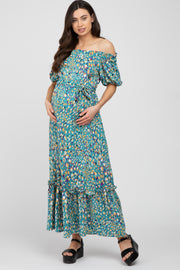 Jade Printed Off Shoulder Ruffle Hem Maternity Maxi Dress