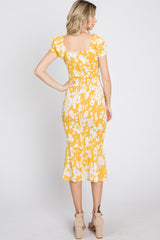 Yellow Floral Smocked Off Shoulder Fitted Dress