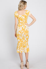 Yellow Floral Smocked Off Shoulder Fitted Dress