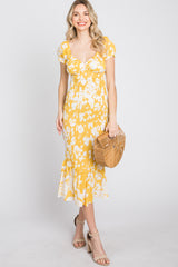 Yellow Floral Smocked Off Shoulder Fitted Dress