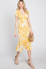 Yellow Floral Smocked Off Shoulder Fitted Dress