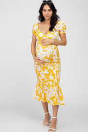 Yellow Floral Smocked Off Shoulder Maternity Fitted Dress