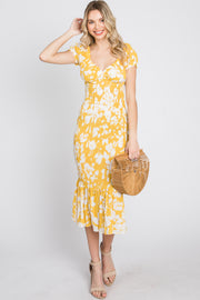 Yellow Floral Smocked Off Shoulder Fitted Dress