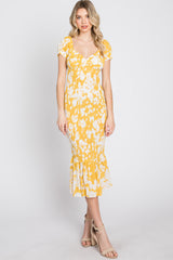 Yellow Floral Smocked Off Shoulder Fitted Dress