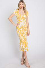 Yellow Floral Smocked Off Shoulder Fitted Dress