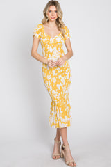 Yellow Floral Smocked Off Shoulder Fitted Dress