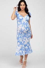 Blue Floral Smocked Off Shoulder Maternity Fitted Dress