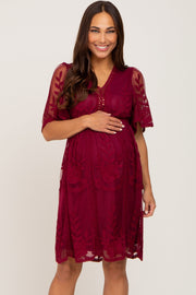 Burgundy Lace Mesh Overlay Maternity Dress