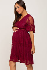 Burgundy Lace Mesh Overlay Maternity Dress