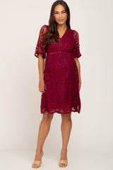 Burgundy Lace Mesh Overlay Maternity Dress