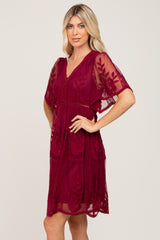 Burgundy Lace Mesh Overlay Dress