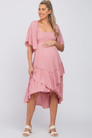 Mauve Smocked Asymmetric Tiered Maternity Midi Dress