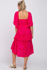 Fuchsia Smocked Asymmetric Tiered Maternity Midi Dress