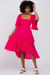 Fuchsia Smocked Asymmetric Tiered Maternity Midi Dress