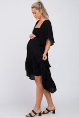 Black Smocked Asymmetric Tiered Maternity Midi Dress