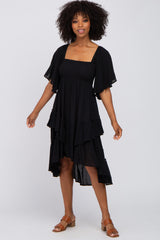 Black Smocked Asymmetric Tiered Midi Dress