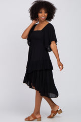 Black Smocked Asymmetric Tiered Midi Dress