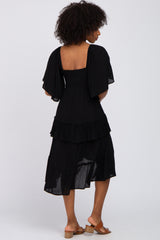 Black Smocked Asymmetric Tiered Midi Dress