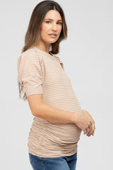 Taupe Striped Puff Sleeve Maternity Fitted Top