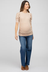 Taupe Striped Puff Sleeve Maternity Fitted Top