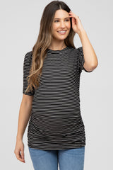 Black Striped Puff Sleeve Maternity Fitted Top