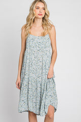 Light Blue Floral Straight Neck Tiered Dress