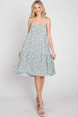 Light Blue Floral Straight Neck Tiered Dress