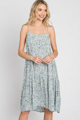 Light Blue Floral Straight Neck Tiered Dress