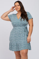 Teal Floral Wrap Front Tie Ruffle Hem Maternity Plus Dress