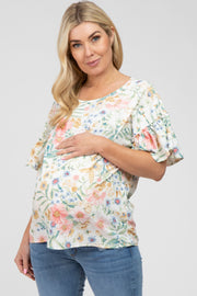 White Floral Ruffle Sleeve Maternity Blouse