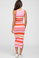 Pink Striped Ribbed Midi Dress