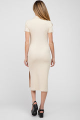 Beige Collared Ribbed Maternity Midi Dress