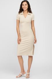 Beige Collared Ribbed Midi Dress