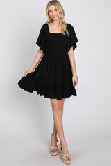 Black Smocked Tie Back Dress