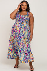 Purple Printed Smocked Maternity Plus Maxi Dress