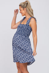 Navy Floral Sleeveless Ruffle Strap Maternity Dress