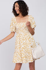 Yellow Leaf Print Smocked Dress