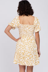 Yellow Leaf Print Smocked Dress