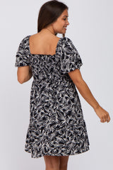 Black Leaf Print Smocked Maternity Dress