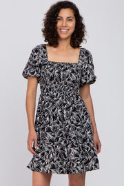 Black Leaf Print Smocked Dress