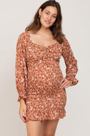 Rust Floral Sweetheart Neck Smocked Long Sleeve Maternity Dress