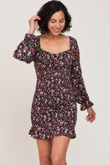 Black Floral Sweetheart Neck Smocked Long Sleeve Dress